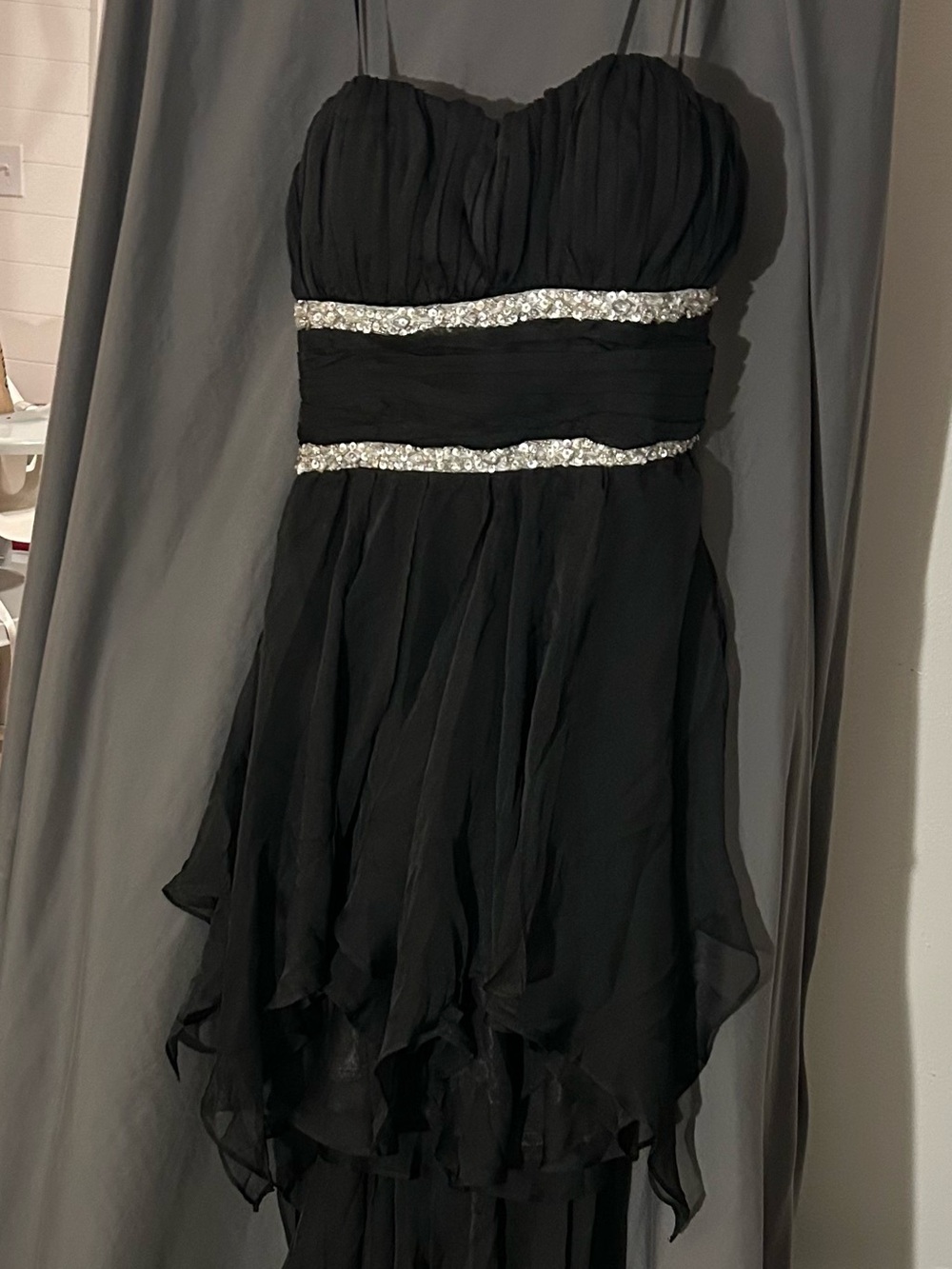 Deb Black Asymmetrical Evening Dress with Crystal Waistbands